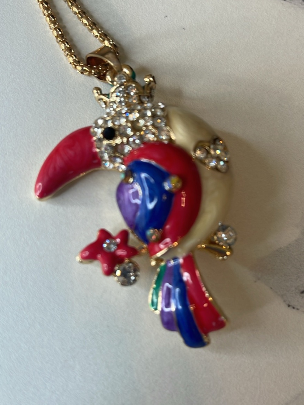Betsey Johnson Enamel and Rhinestone Toucan Bird necklace.